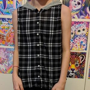 Black and White Plaid Button-Up Hooded Tank